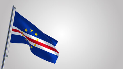 Cape Verde 3D waving flag illustration on a realistic metal flagpole. Isolated on white background with space on the right side. 