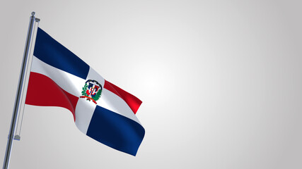 Dominican Republic 3D waving flag illustration on a realistic metal flagpole. Isolated on white background with space on the right side. 