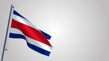 Costa Rica 3D waving flag illustration on a realistic metal flagpole. Isolated on white background with space on the right side. 