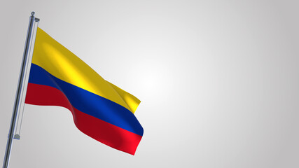 Colombia 3D waving flag illustration on a realistic metal flagpole. Isolated on white background with space on the right side. 
