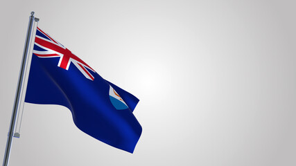 Anguilla 3D waving flag illustration on a realistic metal flagpole. Isolated on white background with space on the right side. 