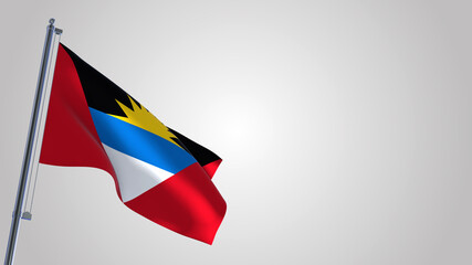 Antigua And Barbuda 3D waving flag illustration on a realistic metal flagpole. Isolated on white background with space on the right side. 