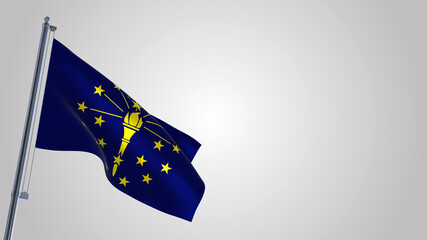 Indiana 3D waving flag illustration on a realistic metal flagpole. Isolated on white background with space on the right side. 