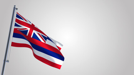Hawaii 3D waving flag illustration on a realistic metal flagpole. Isolated on white background with space on the right side. 