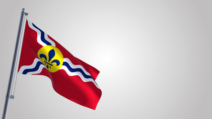 St. Louis Missouri 3D waving flag illustration on a realistic metal flagpole. Isolated on white background with space on the right side. 
