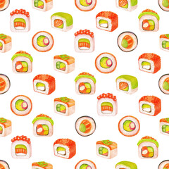Seamless pattern with sushi (painted with watercolor) on a white background. Print with different types of sushi. Illustration with delicious Japanese food.