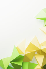 Composition of geometric shapes made colorful paper, white background.
