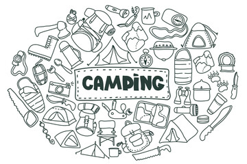Fototapeta na wymiar Camping and hiking equipment doodle icons set. set of things that you will need when Hiking and trekking. Hand drawn tourism set for postcard, banner, design.