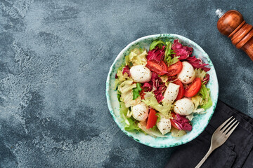 Mozzarella, tomato and mix of fresh salad leaves, dark background, top view. Mock up.
