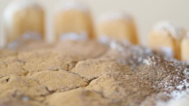 Delicious tiramisu cake on beige background. Tasty dessert side view. Traditional Italian cuisine concept .