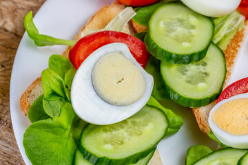 Fried white bread toasts with vegetable and egg slices on a plate