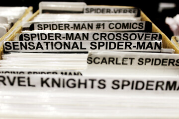 Naklejka premium Birmingham / UK - March 23, 2019: Comic books for sale at MCM Birmingham Comic Con.