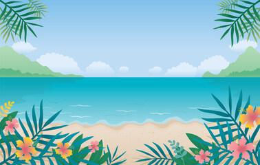 Fototapeta na wymiar Summer Beach, Sea or Ocean Background, Coconut Leaves and Hibiscus Foreground