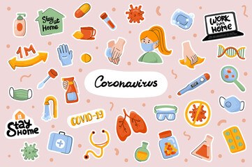 Coronavirus cute stickers template set. Bundle of health protection products, diseases treatment, medical items. Stay or work at home. Scrapbooking elements. Vector illustration in flat cartoon design