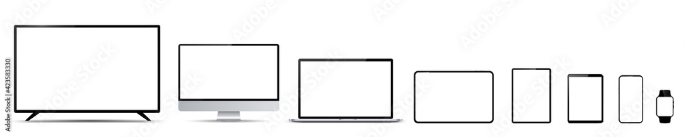 Poster set of mockup technology devices with empty white display: tv, computer, laptop, tablet and mobile p