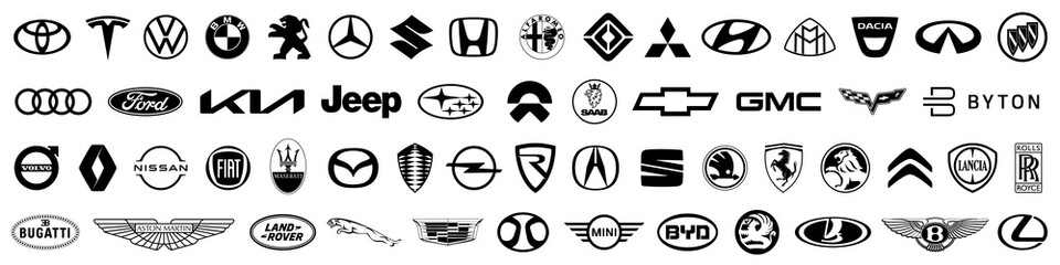 Kiev, Ukraine - March 27, 2021: Set logo of popular brands of cars, collection of car emblems. Top automotive industry leaders. Black automobile emblems sign. Logo of cars brand. Editorial vector