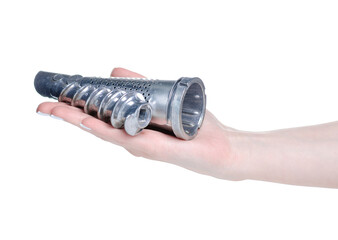 Meat grinder juicer in hand on white background isolation