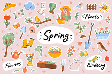 Spring cute stickers template set. Bundle of springtime symbols, Easter, blooming flowers, birds singing, gardening, planting works. Scrapbooking elements. Vector illustration in flat cartoon design