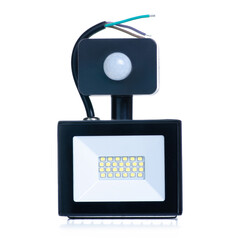 Motion sensor LED floodlight on white background isolation