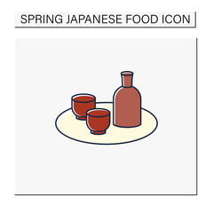 Sake color icon. Traditional Japanese alcoholic beverage. Bottle with cups on tray. Traditional food concept. Isolated vector illustration