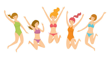 Group of Girls wearing Swimsuit Jumping, Summer Travel