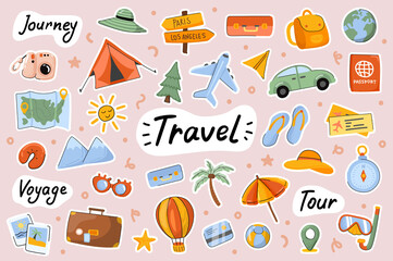 Travel cute stickers template set. Bundle of camping journey, sea resort tour, voyage, global tourism, baggage, traveler objects. Scrapbooking elements. Vector illustration in flat cartoon design