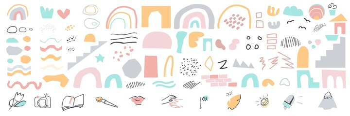 Colored constructor set of hand drawn abstract shapes, lines and doodle objects isolated. Geometric Vector illustration