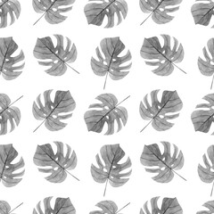 Seamless watercolor hand drawn pattern with grey monstera leaves on a white background. Perfect for wrappers, wallpapers, textile. 