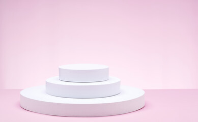 White geometric shapes podium for product display on pink background . Monochrome stage, stand for product promotion in minimal style. Copy space for your design. Banner. High quality photo