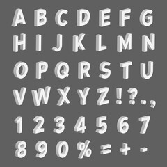 White 3D Letters, Numbers, Punctuation Marks, Mathematical Signs, Percent Sign. Vector Illustration