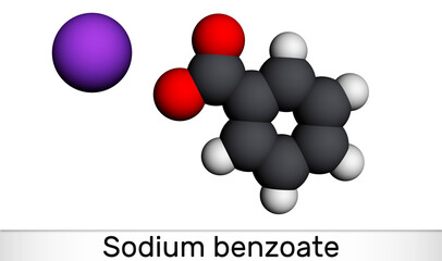 Sodium benzoate molecule. It is antimicrobial, antifungal preservative in pharmaceutical preparations and foods with E number E211. Molecular model. 3D rendering. Illustration