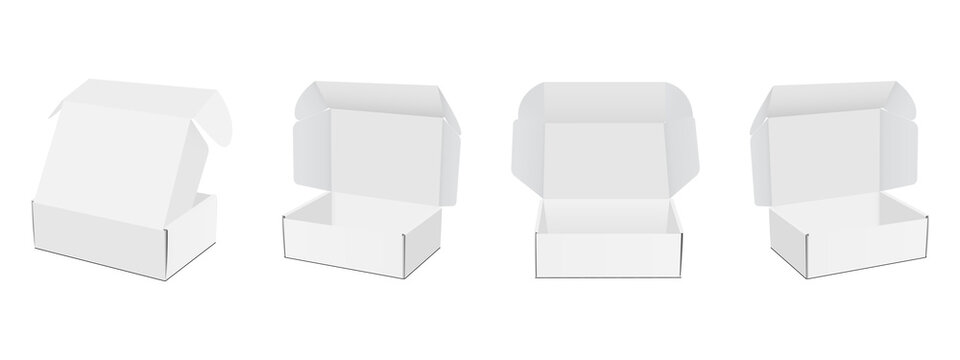 Square Mailing Paper Boxes with Opened Lid, Front, Side, Back View, Isolated on White Background. Vector Illustration
