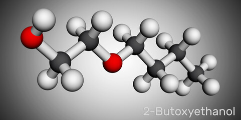 2-Butoxyethanol, butoxyethanol molecule. It is primary alcohol and ether. Used as a solvent and to make paints and varnish. Molecular model. 3D rendering