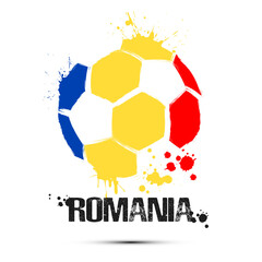 Abstract soccer ball with Romanian national flag colors. Flag of Romania in the form of a soccer ball made on an isolated background. Football championship banner. Vector illustration
