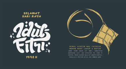 Fototapeta na wymiar Selamat Idul Fitri.Translation: Happy Eid Mubarak. Eid al-Fitr Greeting with hand lettering calligraphy and illustration. vector illustration.