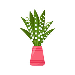 Bouquet of lilies of the valley in vase, vector illustration