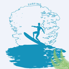 Surfer in abstract wave - grunge style - vector. Vacation. Holidays. Travel. Tourism.