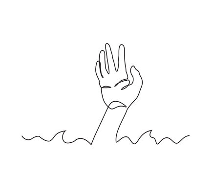 Continuous line drawing of Hand calling for help. hand drowning in the sea vector line design.
