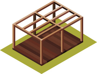 Wooden bower isometric with terrace. Dark wood. - obrazy, fototapety, plakaty