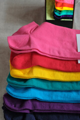 Rainbow colors socks. Clothing subscription. Vertical image. 