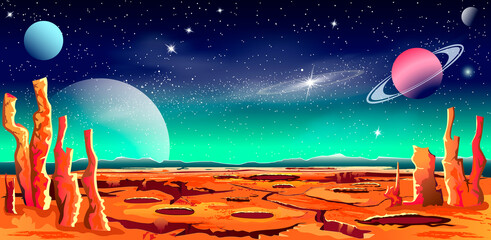 Space red planet star galaxy. Space background. Surface of the planet. Shining stars and planets. Stellar nebula. A distant galaxy. Night starry sky © Oleg Lytvynenko