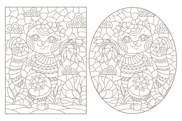 Obraz premium Set of contour illustrations in the style of stained glass with cute cats on a landscape background, dark outlines on a white background