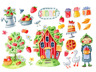 Summer watercolor collection with grandma, geese, jam, apples, flowers and pies. Illustration for badge, logo, sticker, for printing, postcards and invitations. 