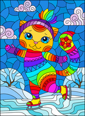 Stained glass illustration with a cute cartoon cat on skates against a winter landscape, a rectangular image 