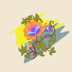 Beautiful colorful abstract flower. Hand drawn plant branches. Greenery design elements	