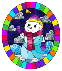 An illustration in the style of a stained glass window on the theme of winter holidays, a cheerful cartoon snowman in a hat and scarf, against the background of a winter night landscape, oval image in
