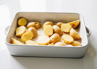 Roasted potatoes in ceramic tin on a table