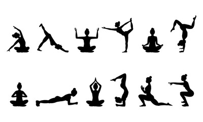 Set of black silhouettes of woman in different yoga poses, isolated on white background. Women practice meditation and stretching. Yoga complex. Healthy lifestyle concept. Vector illustration - obrazy, fototapety, plakaty