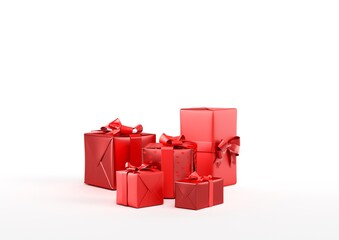 Red gifts with ribbons and laces on white background, 3d realistic render, for sales, san valentin or christmas