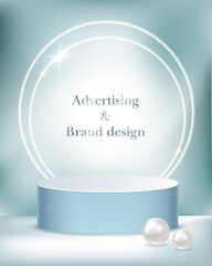  Realistic vector cylindric podium for your product design. Template contains one empty stage, light effects and pearls